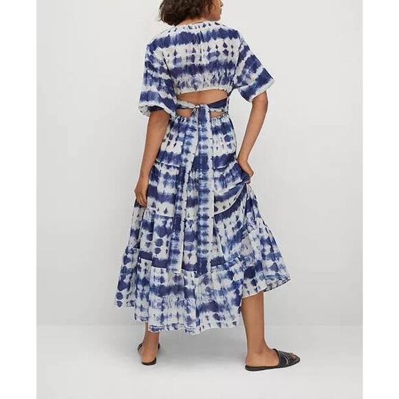 Mango MNG Women’s Size 8 Medium Blue White Cotton Puff Sleeve Midi Maxi Dress - Picture 2 of 7